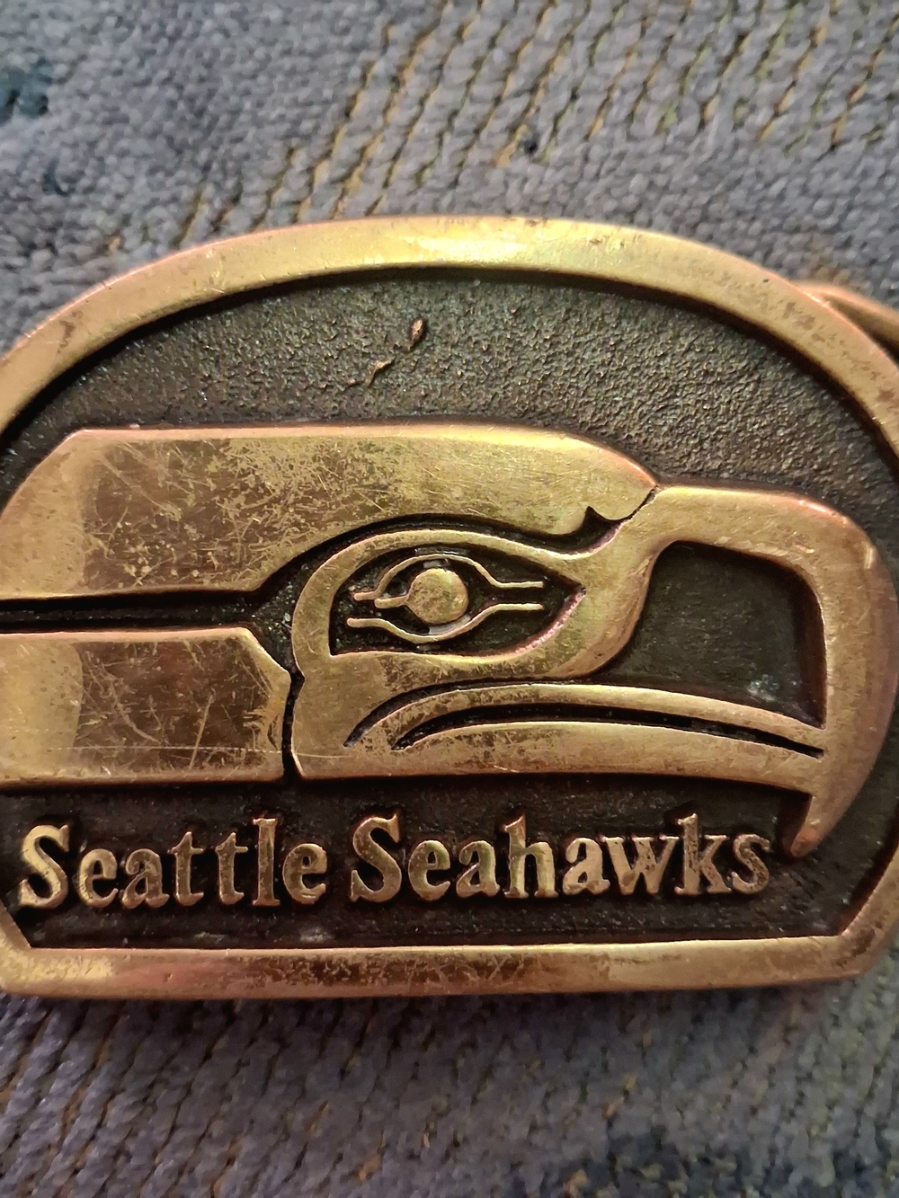 Vintage 1979 Seattle Seahawks Solid Brass Belt Buckle Rainier Bank Heritage Mint